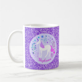 Unicorn Lila Glitzer Personalisierter Name Kaffeetasse