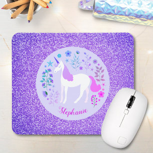 Unicorn Lila Glitzer Personalisierter Name Mousepad