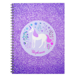 Unicorn Lila Glitzer Personalisierter Name Notizblock