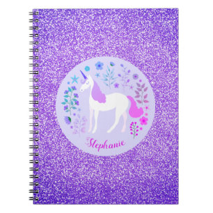 Unicorn Lila Glitzer Personalisierter Name Notizblock