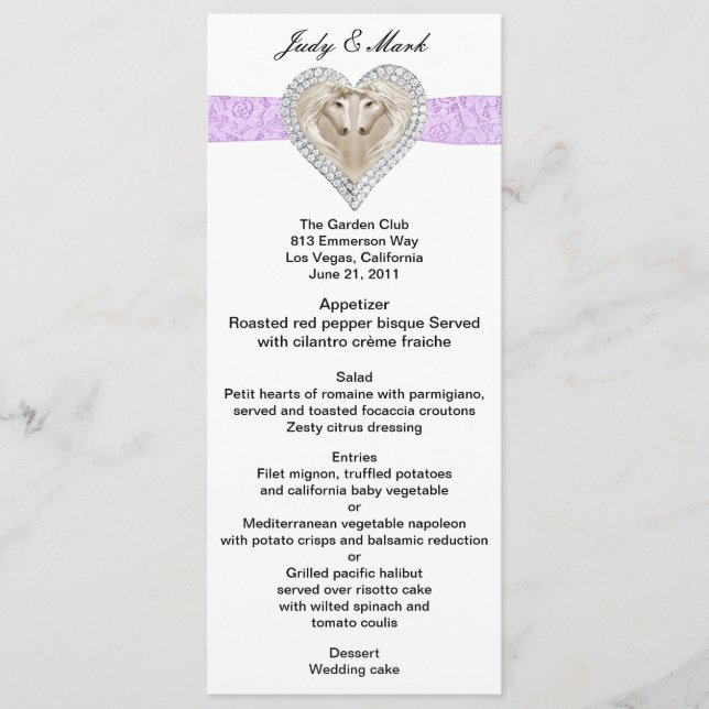 Unicorn Lila Lace Wedding Menu Card Menükarte (Vorderseite)