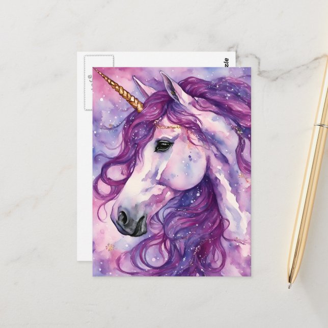 Unicorn Lila Mane Postkarte (Vorderseite/Rückseite Beispiel)