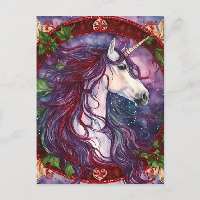 Unicorn Lila Mane Weihnachten Postkarte (Vorderseite)
