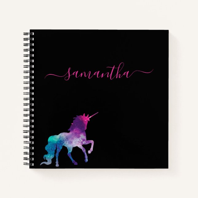Unicorn lila-rosa-Monogramm-Skript Notizbuch (Vorderseite)