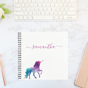 Unicorn lila-rosa-weiße Monogramm-Skript Notizbuch