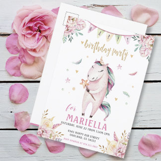 Unicorn Magic Pink Floral Geburtstagsparty Einladu Einladungspostkarte
