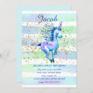 Unicorn Magic Watercolor Junge erste Geburtstagspa Einladung