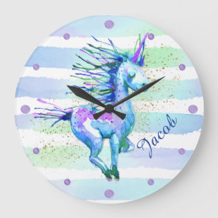 Unicorn Magic Watercolor Streifen Blau Große Wanduhr