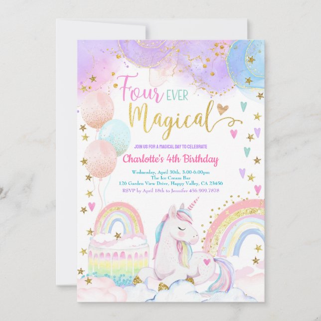 Unicorn Magical 4th Birthday Party Pastel Rainbow Einladung (Vorderseite)