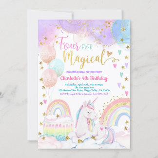 Unicorn Magical 4th Birthday Party Pastel Rainbow Einladung