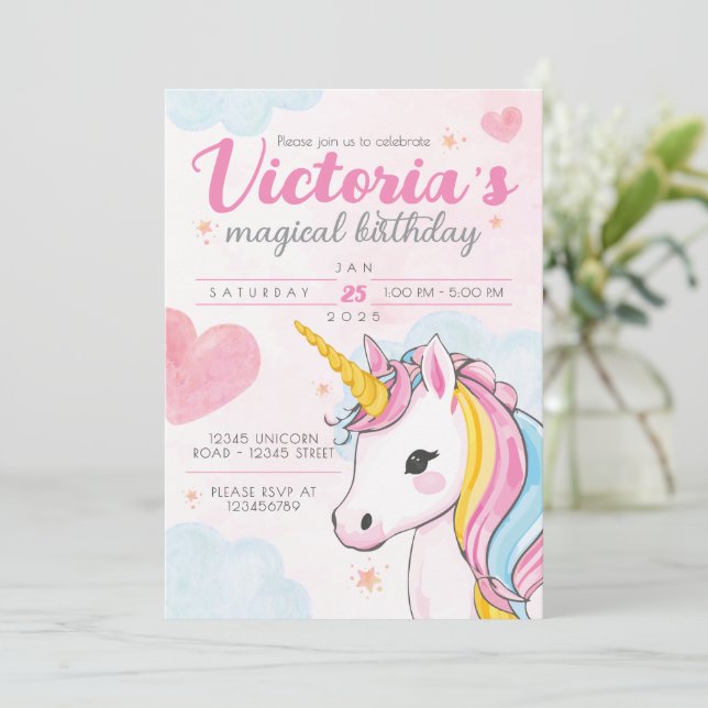 Unicorn Magical Birthday Invite Einladung (Stehend Vorderseite)