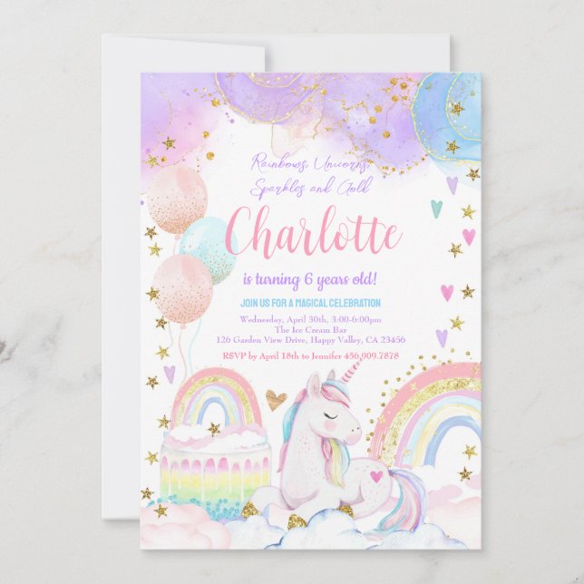 Unicorn Magical Birthday Party Girl Pastel Rainbow Einladung (Vorderseite)