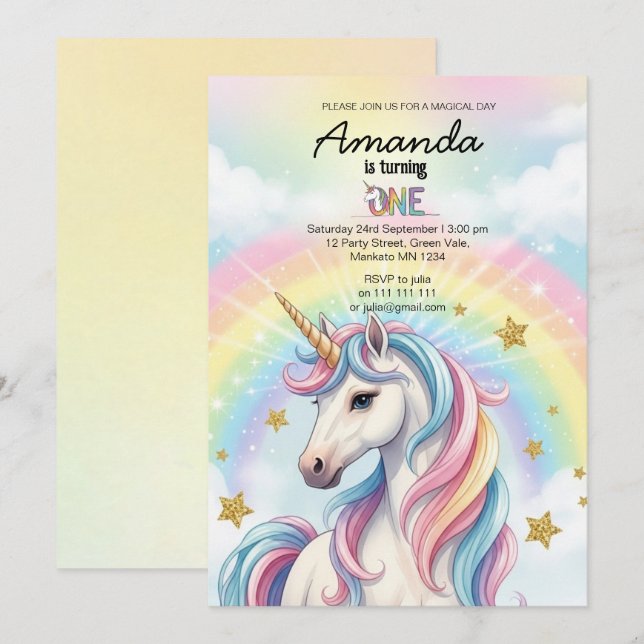 Unicorn Magical Birthday Party Invitation Card Einladung (Vorne/Hinten)