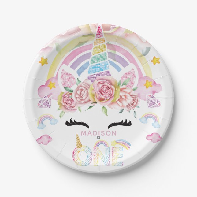Unicorn Magical First Birthday Floral Pappteller (Vorderseite)