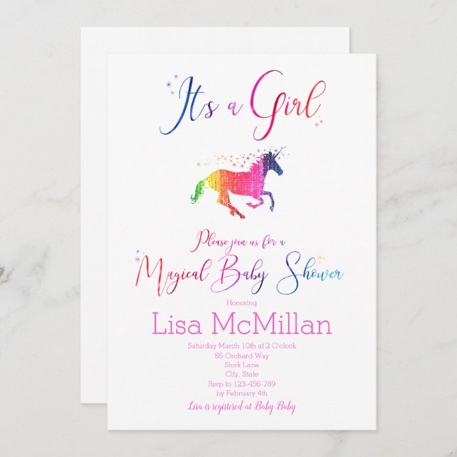 Unicorn Magical Rainbow Baby Shower Einladung (Vorne/Hinten)