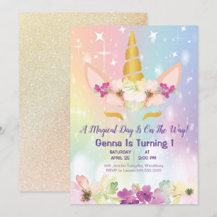 Unicorn Magical Rainbow Imitats Gold 1. Geburtstag Einladung