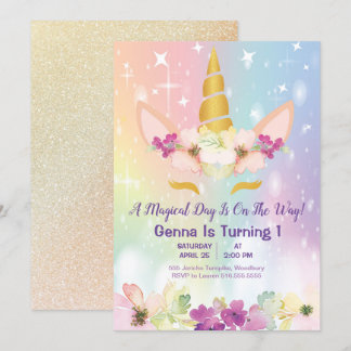 Unicorn Magical Rainbow Imitats Gold 1. Geburtstag Einladung