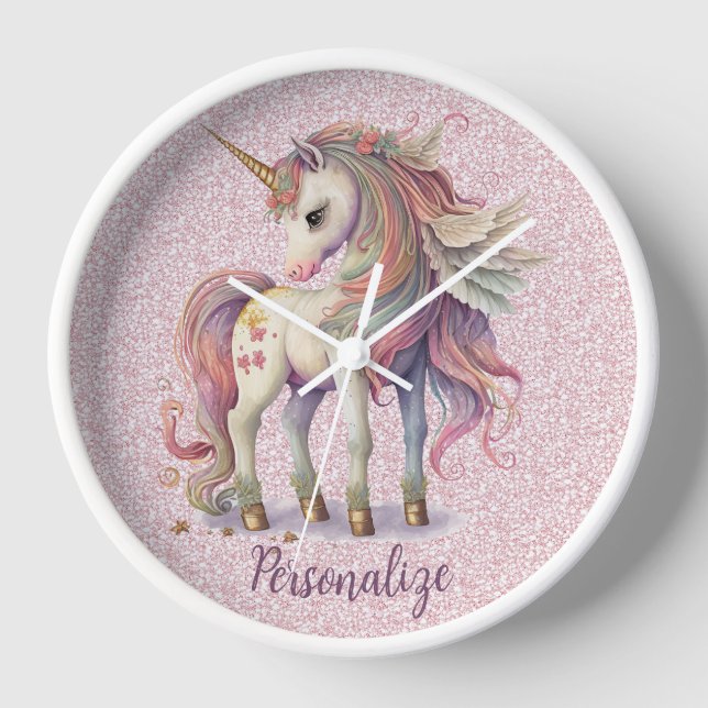 Unicorn Magische Regenbogenfarben Rosa Glitzer Uhr (Vorderseite)