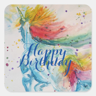 Unicorn Malerei Happy Birthday Watercolor Art Quadratischer Aufkleber
