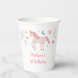 Unicorn Meadow Pastel Pink Gold Birthday Pappbecher