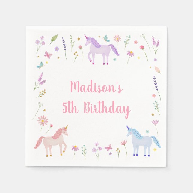 Unicorn Meadow Pastel Pink Gold Birthday Serviette (Vorderseite)