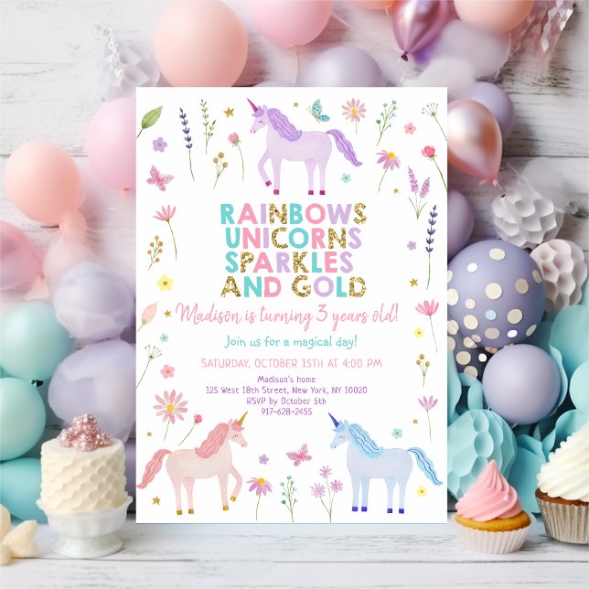 Unicorn Meadow Pastel Pink Gold Flowers Birthday Einladung (Von Creator hochgeladen)