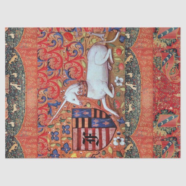 UNICORN,MEDIEVALISCHE FANTASIE-BLUME,FLORALMONOGRA SEIDENPAPIER (Vorderseite)
