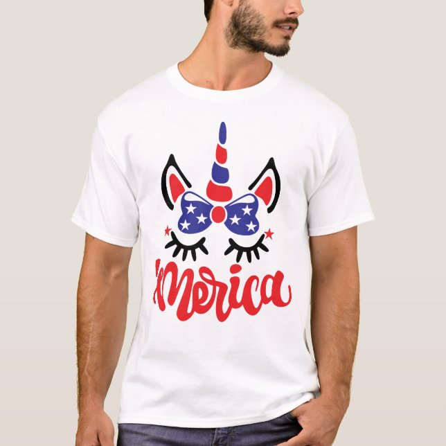 Unicorn Merica Funny I Liebe America Amerikanische T-Shirt (Vorderseite)