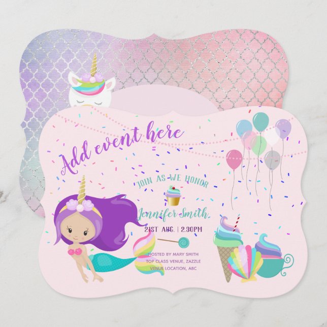 Unicorn Mermaid Princess Birthday Einladungen (Vorne/Hinten)