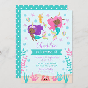 Unicorn Mermaids Birthday Dark Skin Tone Einladung
