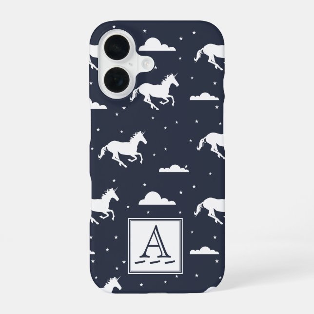Unicorn Midnight Sky Muster Monogram iPhone 16 Hülle (Rückseite)