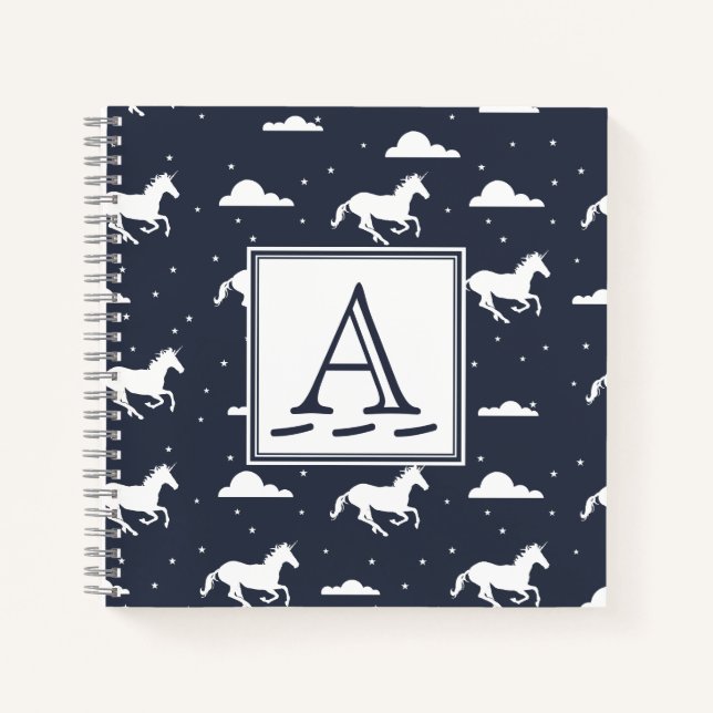 Unicorn Midnight Sky Muster Monogram Notizbuch (Vorderseite)