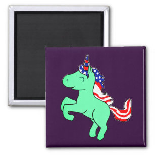 Unicorn Mint Green Patriotic USA Flag Mane Cartoon Magnet