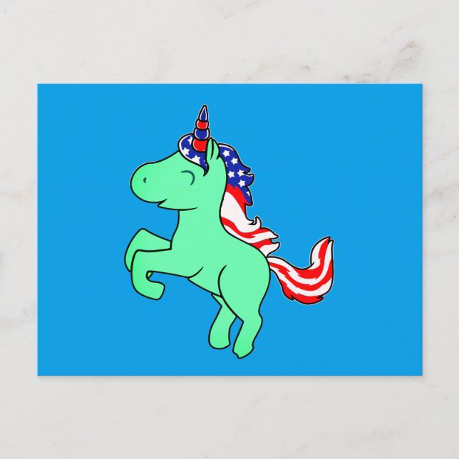Unicorn Mint Green Patriotic USA Flag Mane Cartoon Postkarte (Vorderseite)