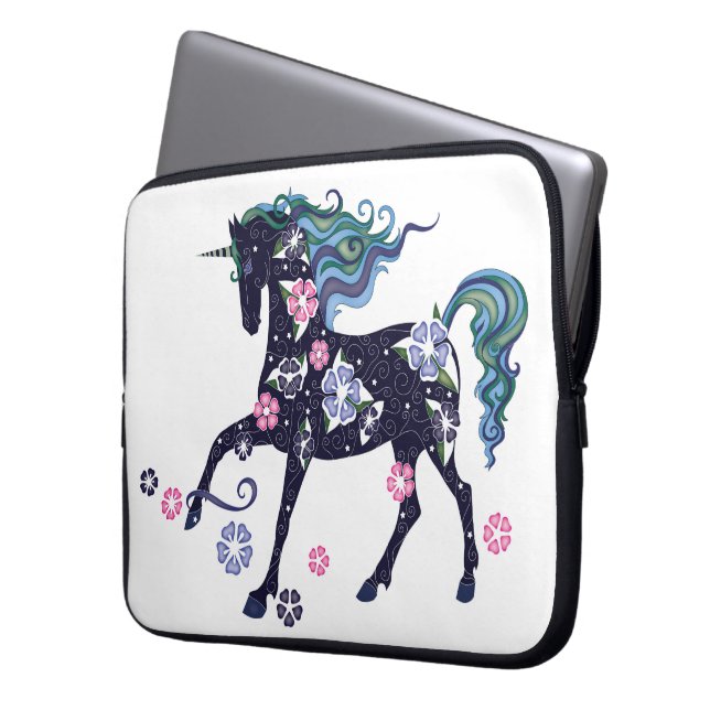 Unicorn mit den Blumen, dunkelblau Laptopschutzhülle (Vorderseite Links)