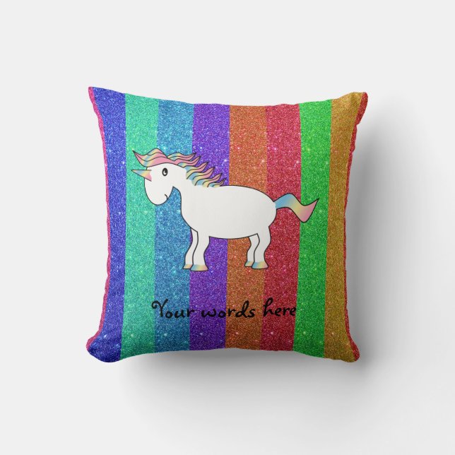 Unicorn mit Regenbogen-Glitterstreifen Kissen (Vorderseite)