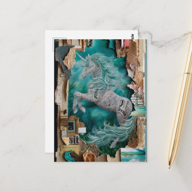 Unicorn Mixed Media Collage Postkarte (Vorderseite/Rückseite Beispiel)