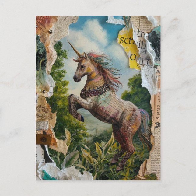Unicorn Mixed Media Collage Postkarte (Vorderseite)