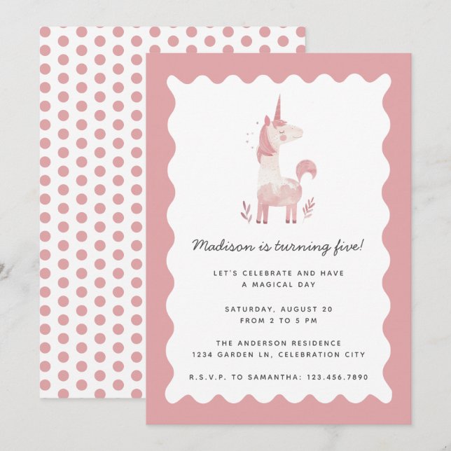 Unicorn Moderne magische rosa Wavy Rahmen Geburtst Einladung (Vorne/Hinten)