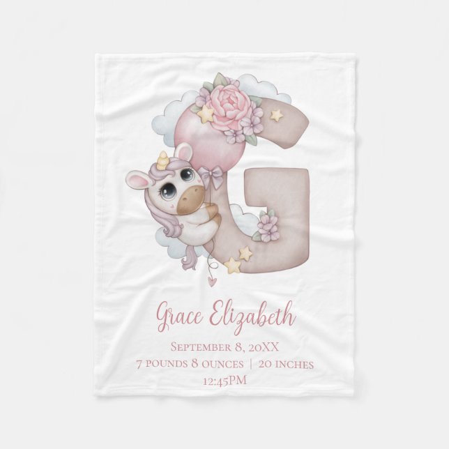 Unicorn Monogram Letter G Pink Baby Girl Gift Fleecedecke (Vorderseite)