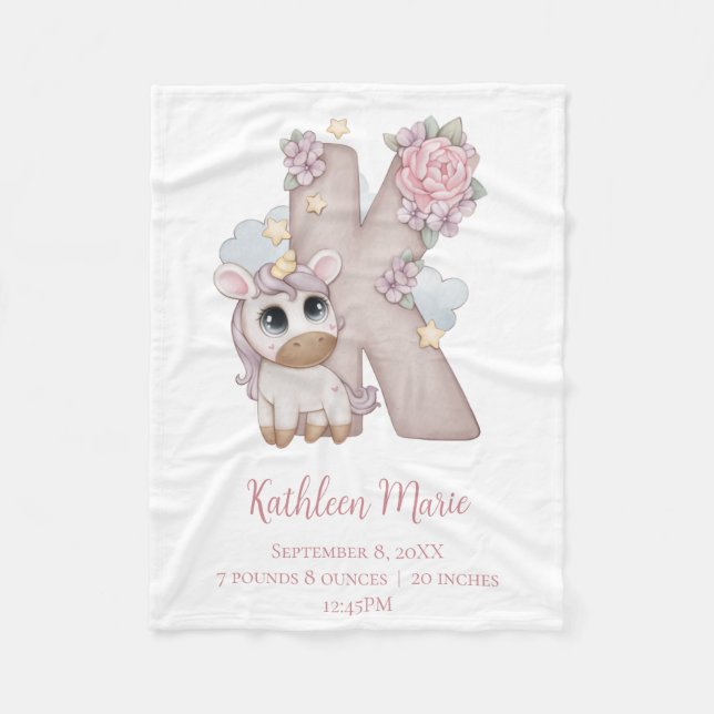 Unicorn Monogram Letter K Pink Baby Girl Gift Fleecedecke (Vorderseite)