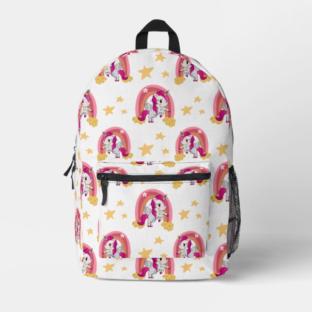 Unicorn Muster White Bedruckter Rucksack (Vorderseite)