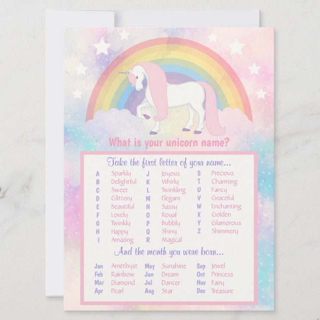 Unicorn Name Game Birthday & Baby Shower (Vorderseite)
