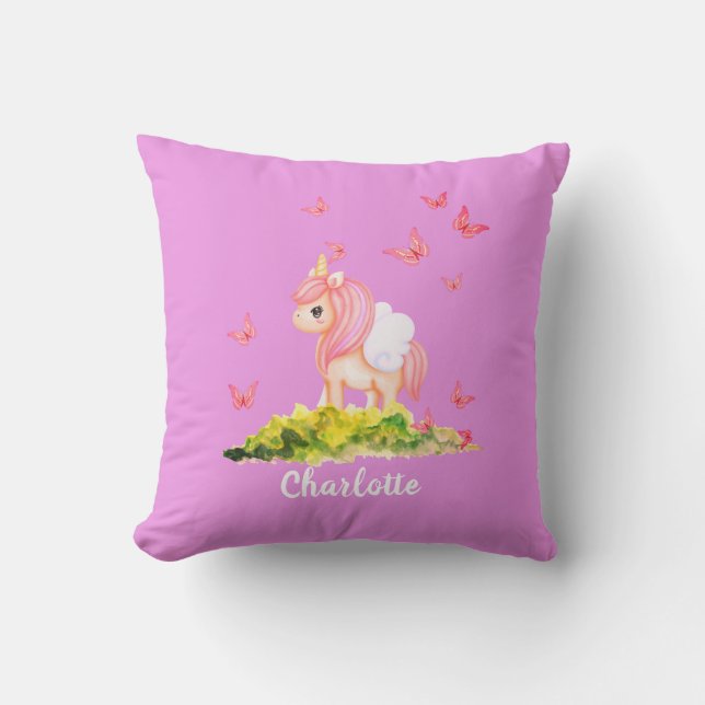 Unicorn Name Kinderzimmer Kinder Zimmerdekor Lila  Kissen (Vorderseite)