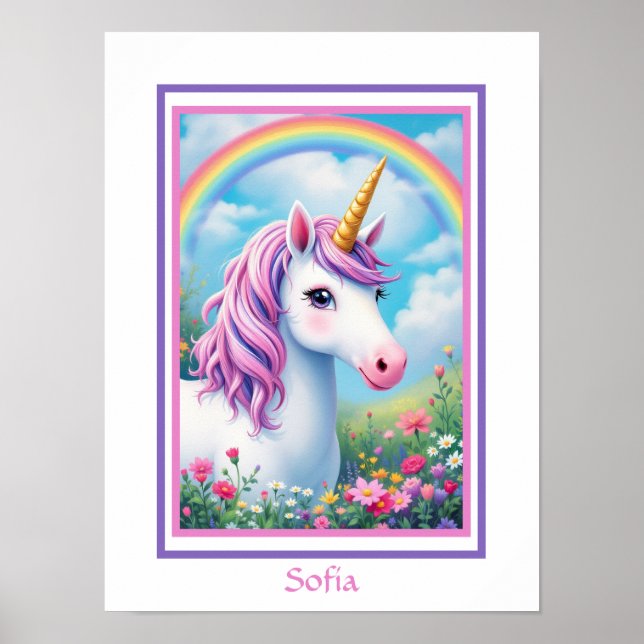 Unicorn Niedlich Girl's Pink und Lila Name Poster (Vorne)