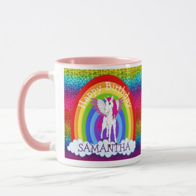 Unicorn Niedlich Happy BIRTHDAY Rainbow Glitzer Ta Tasse (Links)
