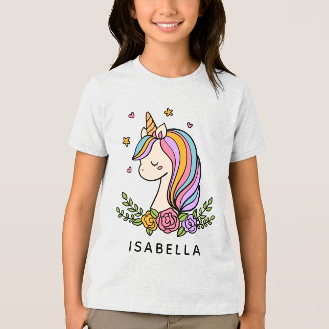 Unicorn Niedlich Whimsical Girly Personalisiert Na Tri-Blend Shirt (Vorderseite)