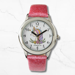 Unicorn Niedlich Whimsical Girly Pink Floral Girl' Armbanduhr