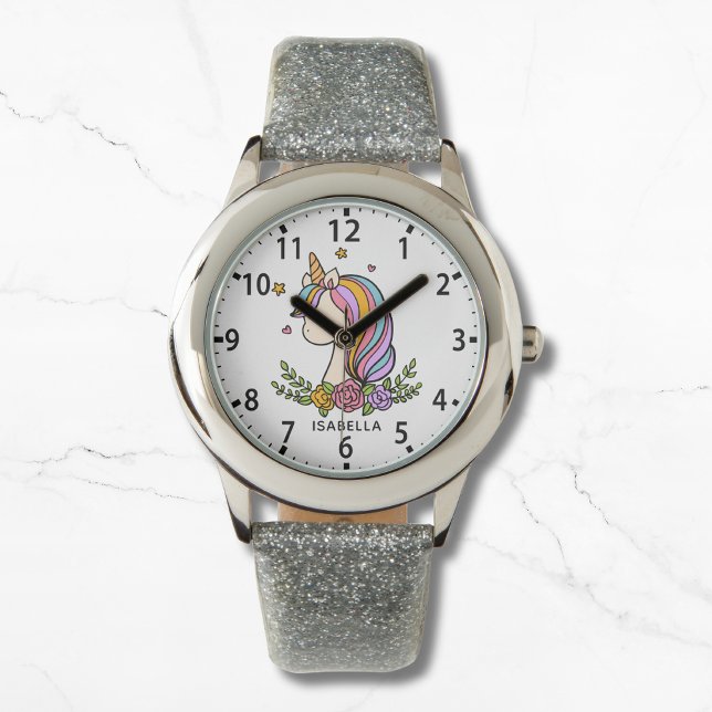 Unicorn Niedlich Whimsical Girly Pink Floral Girl' Armbanduhr (Von Creator hochgeladen)