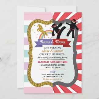 Unicorn & Ninja Joint Boy Girl Birthday Invites Einladung